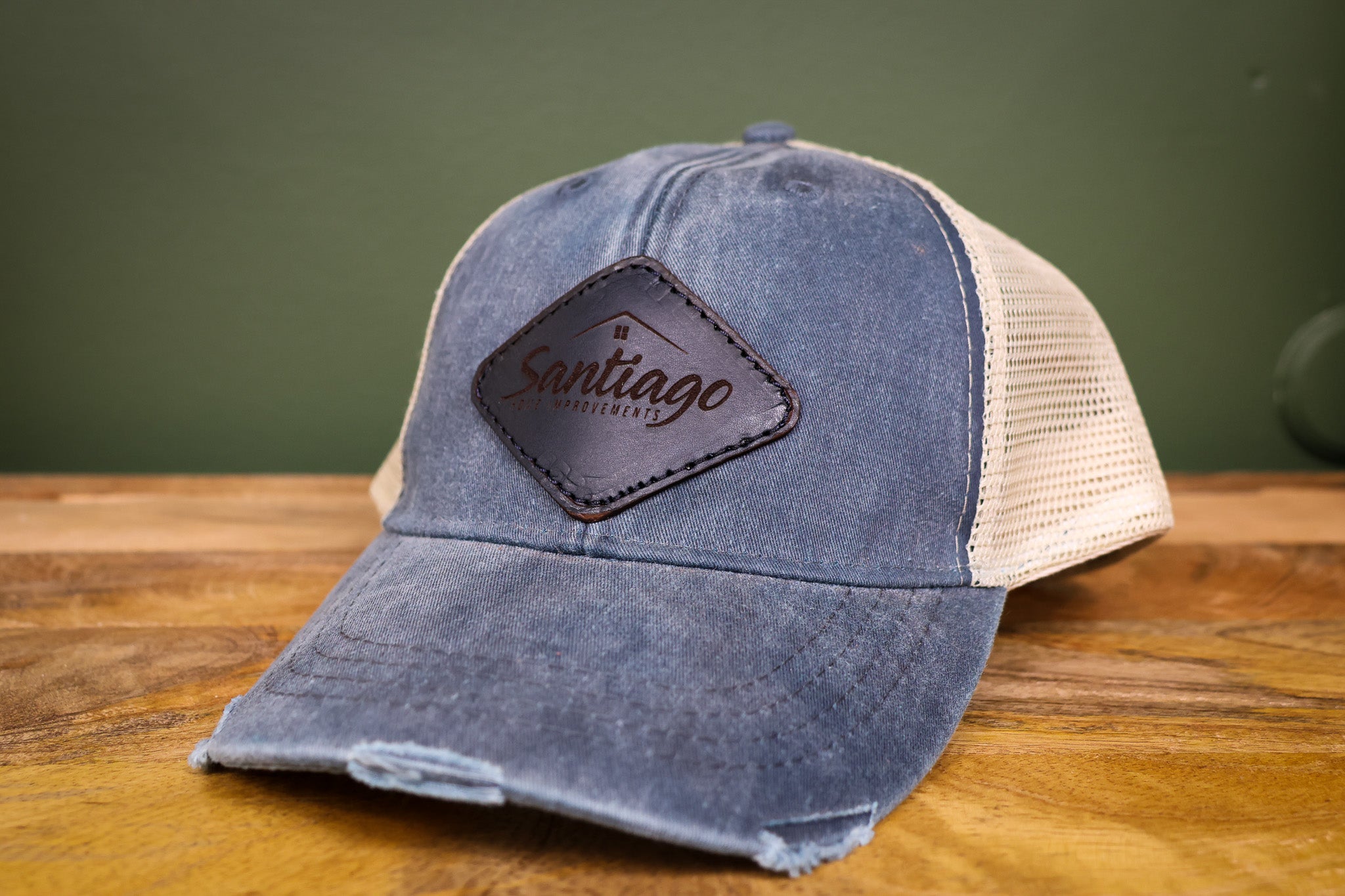 Custom Leather Patch Hat - Distressed Navy Blue/Tan