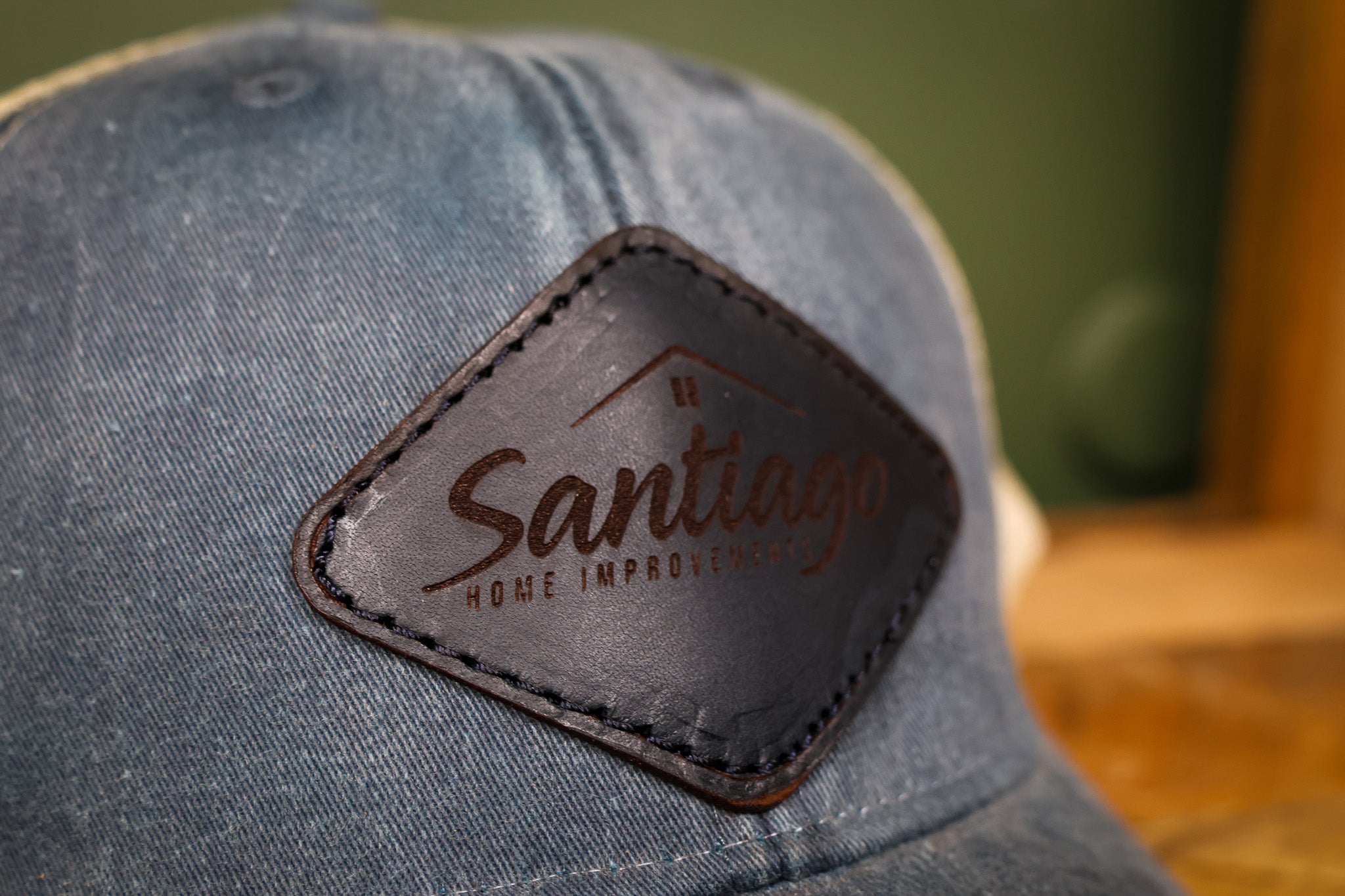 Custom Leather Patch Hat - Distressed Navy Blue/Tan