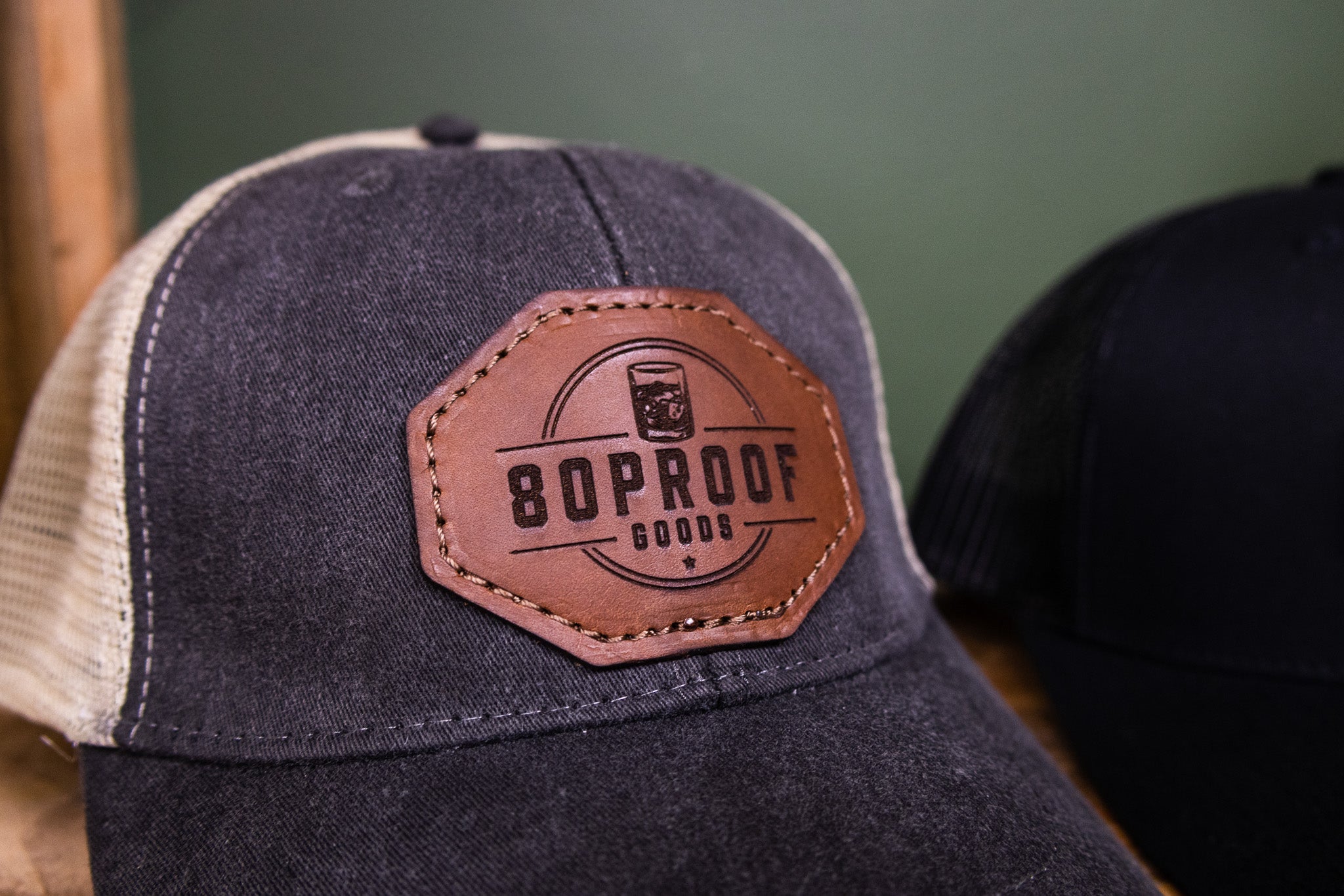 Custom Leather Patch Hat - Distressed Navy Blue/Tan