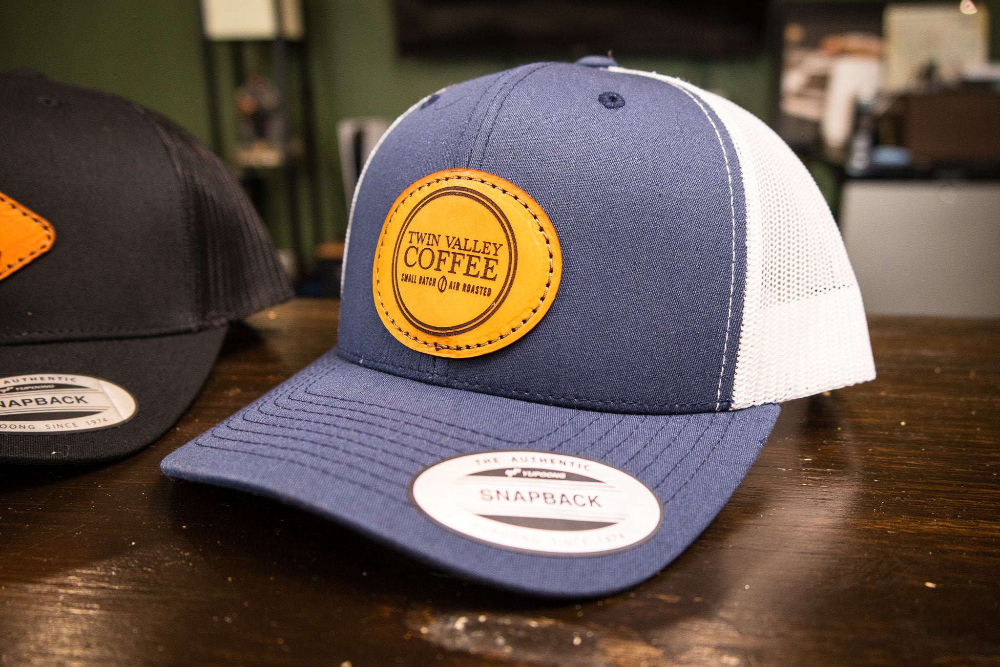 Custom Leather Patch Hat - Navy Blue/White