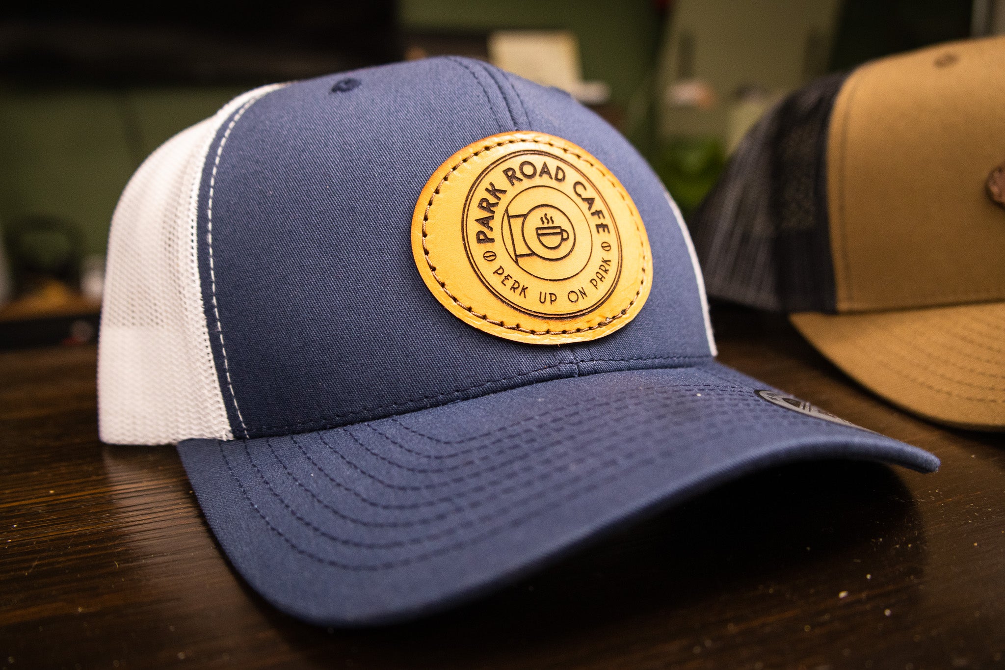 Custom Leather Patch Hat - Navy Blue/White