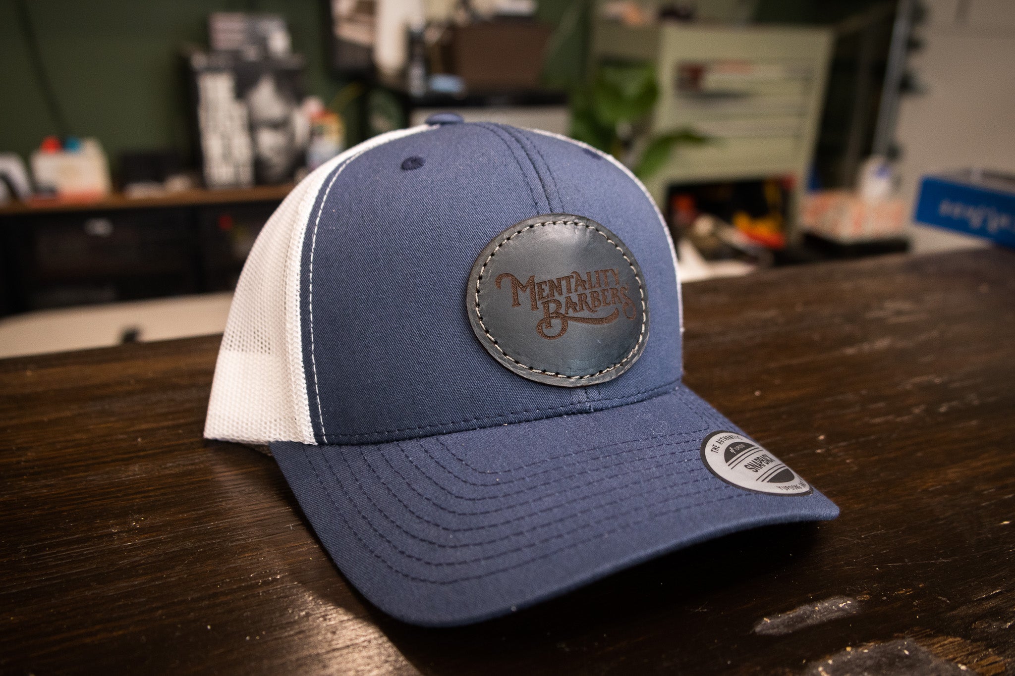 Custom Leather Patch Hat - Navy Blue/White