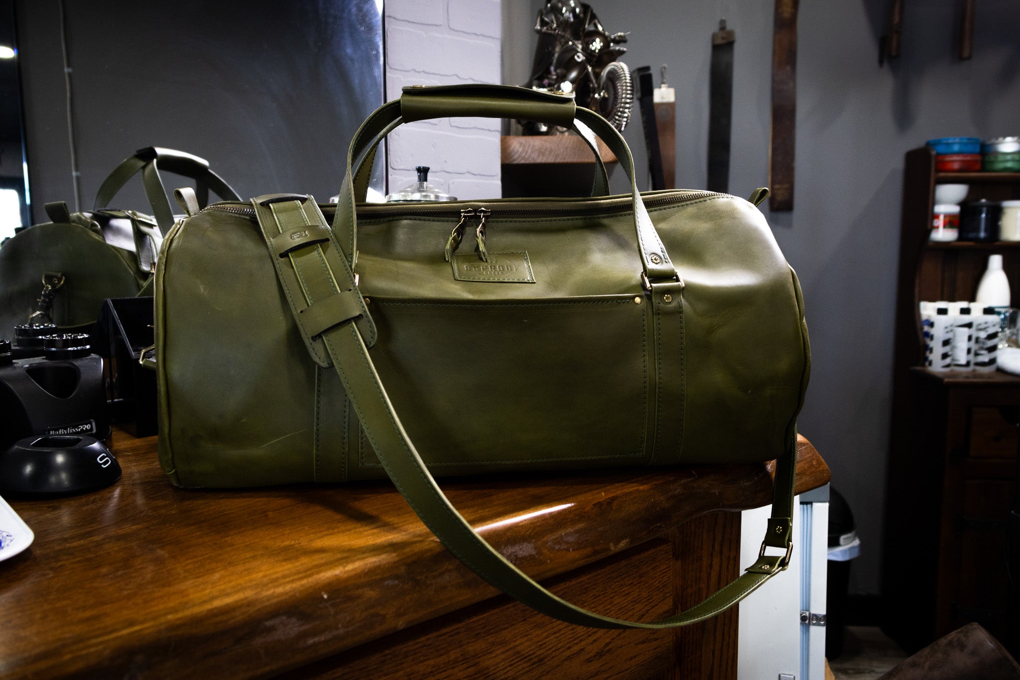 Leather Carry-On Duffle Bag - Olive Green Minerva