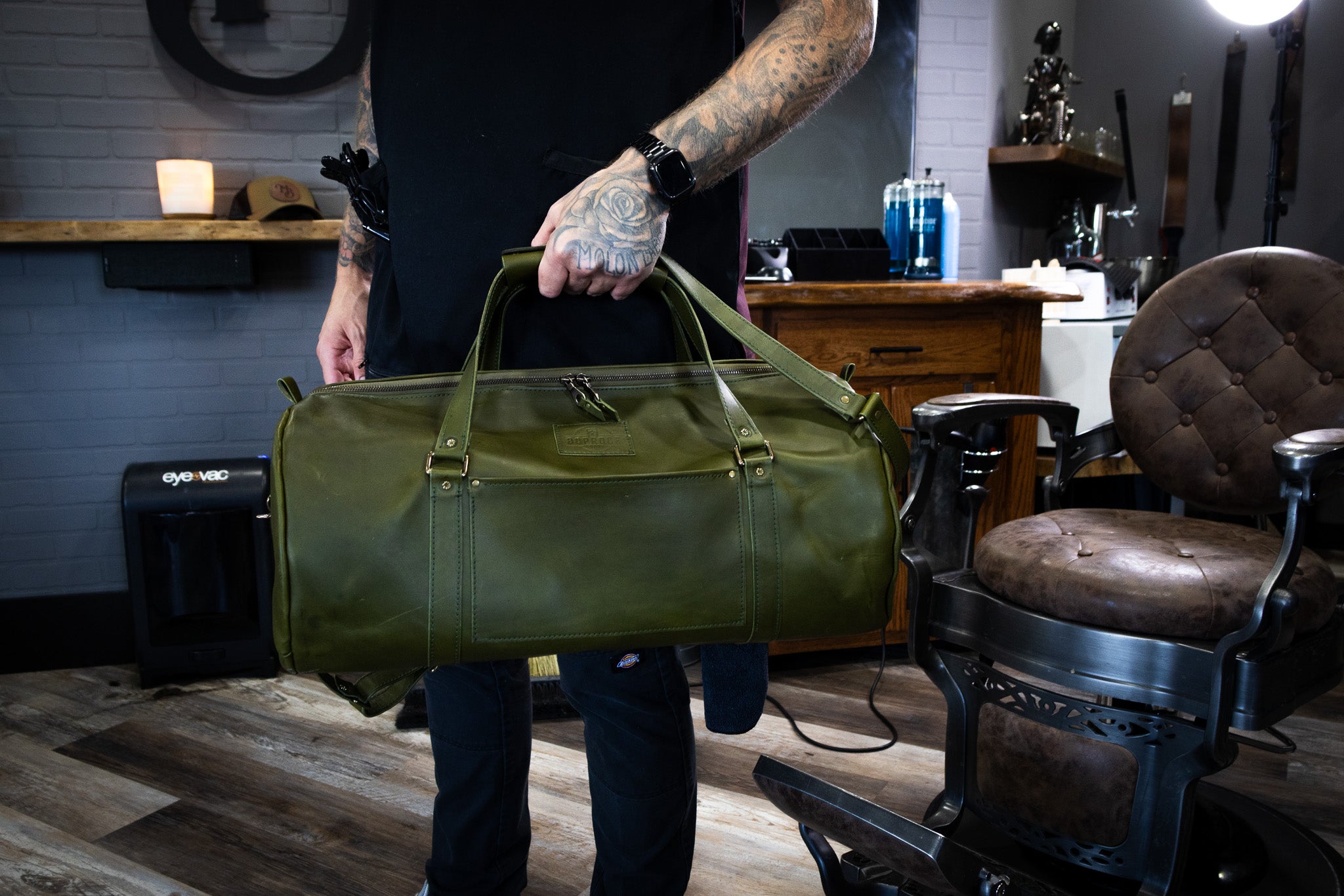 Leather Carry-On Duffle Bag - Olive Green Minerva
