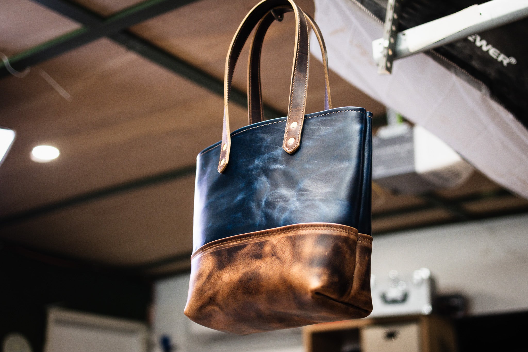 Double Panel Leather Tote Bag - Navy Blue & Cognac Balmoral (LIMITED EDITION)