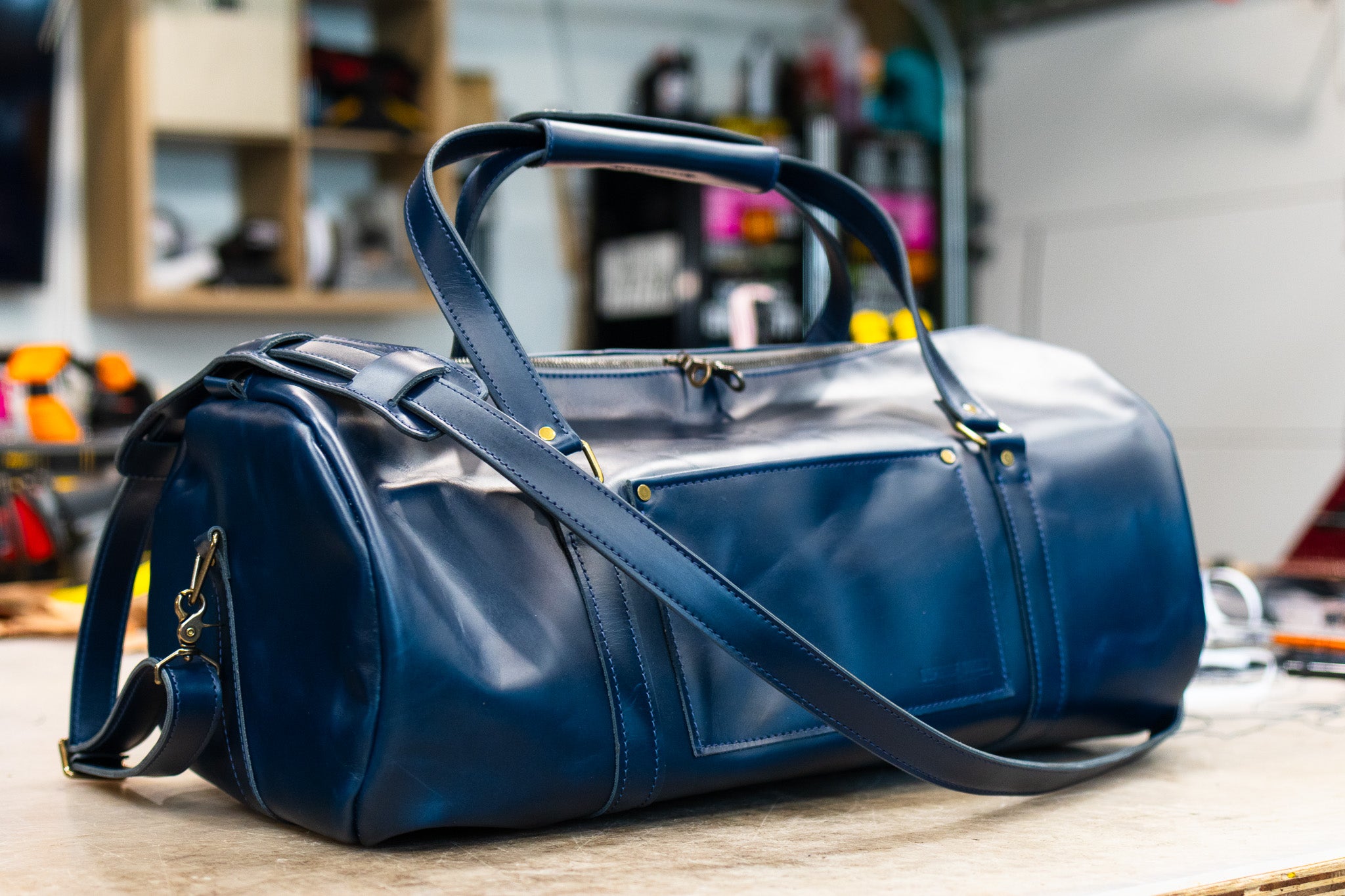 Leather Gym Bag / Mini Duffle - Navy Blue Balmoral