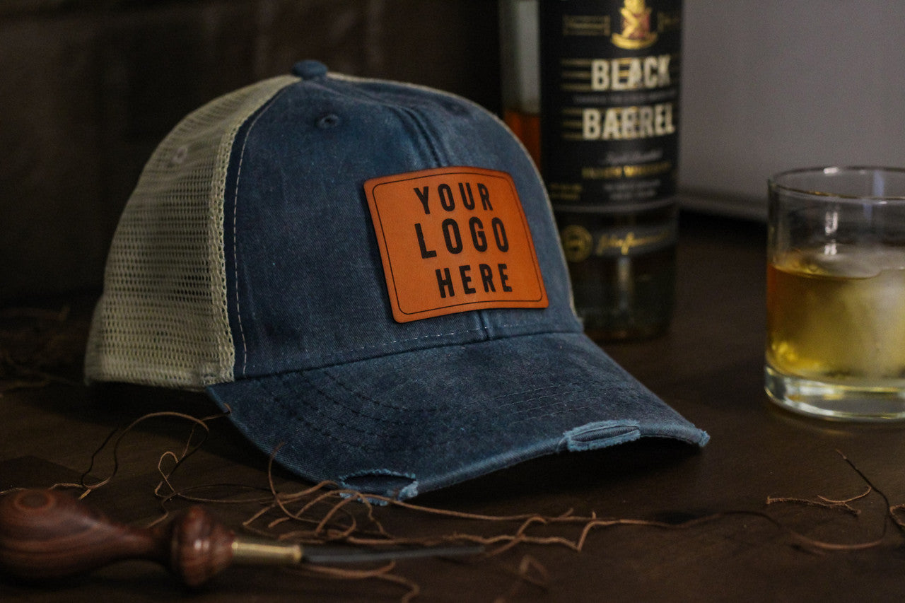 Custom Leather Patch Hat - Distressed Navy Blue/Tan