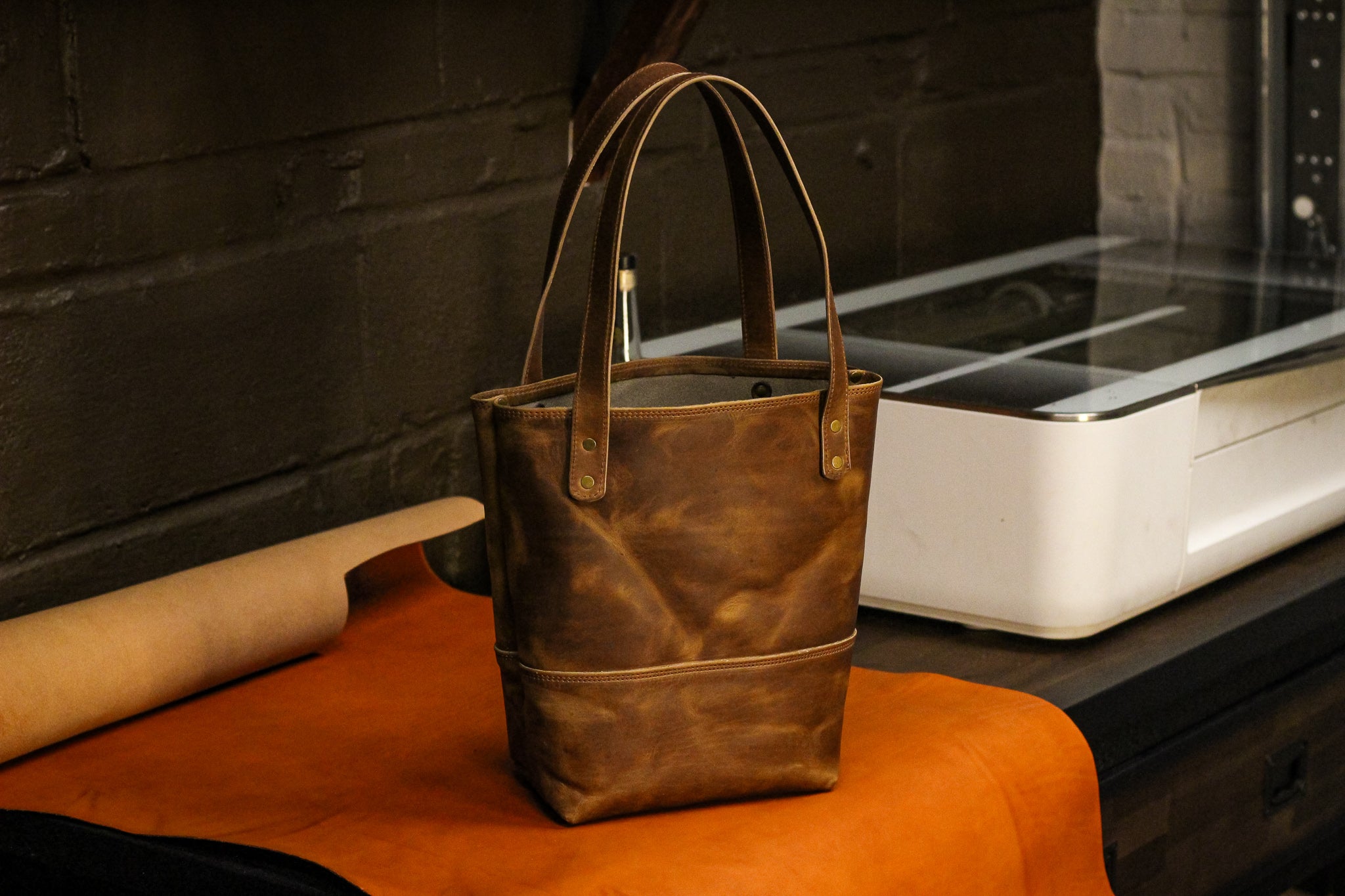 Double Panel Leather Tote Bag - Cognac Balmoral