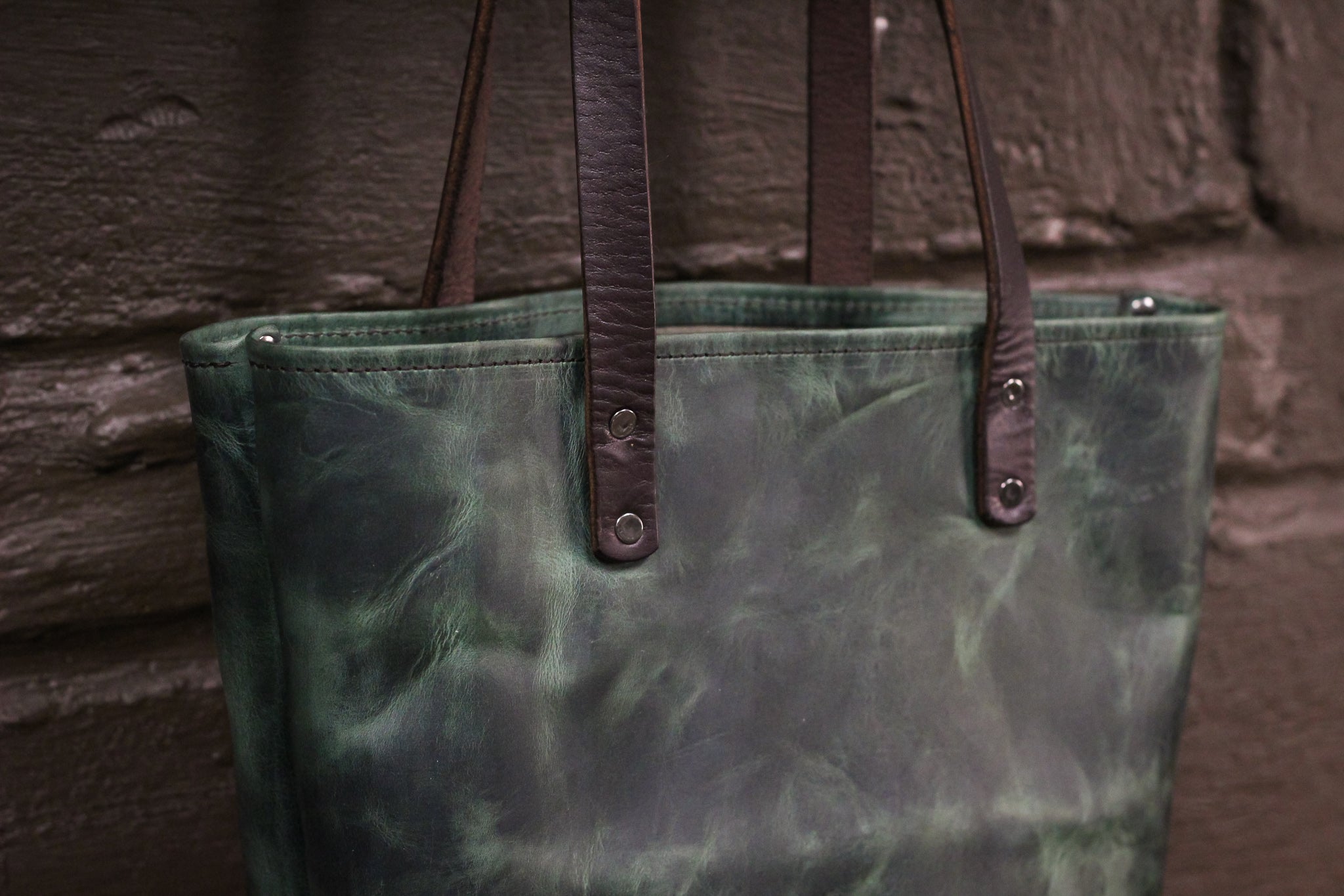 Double Panel Leather Tote Bag - Evergreen