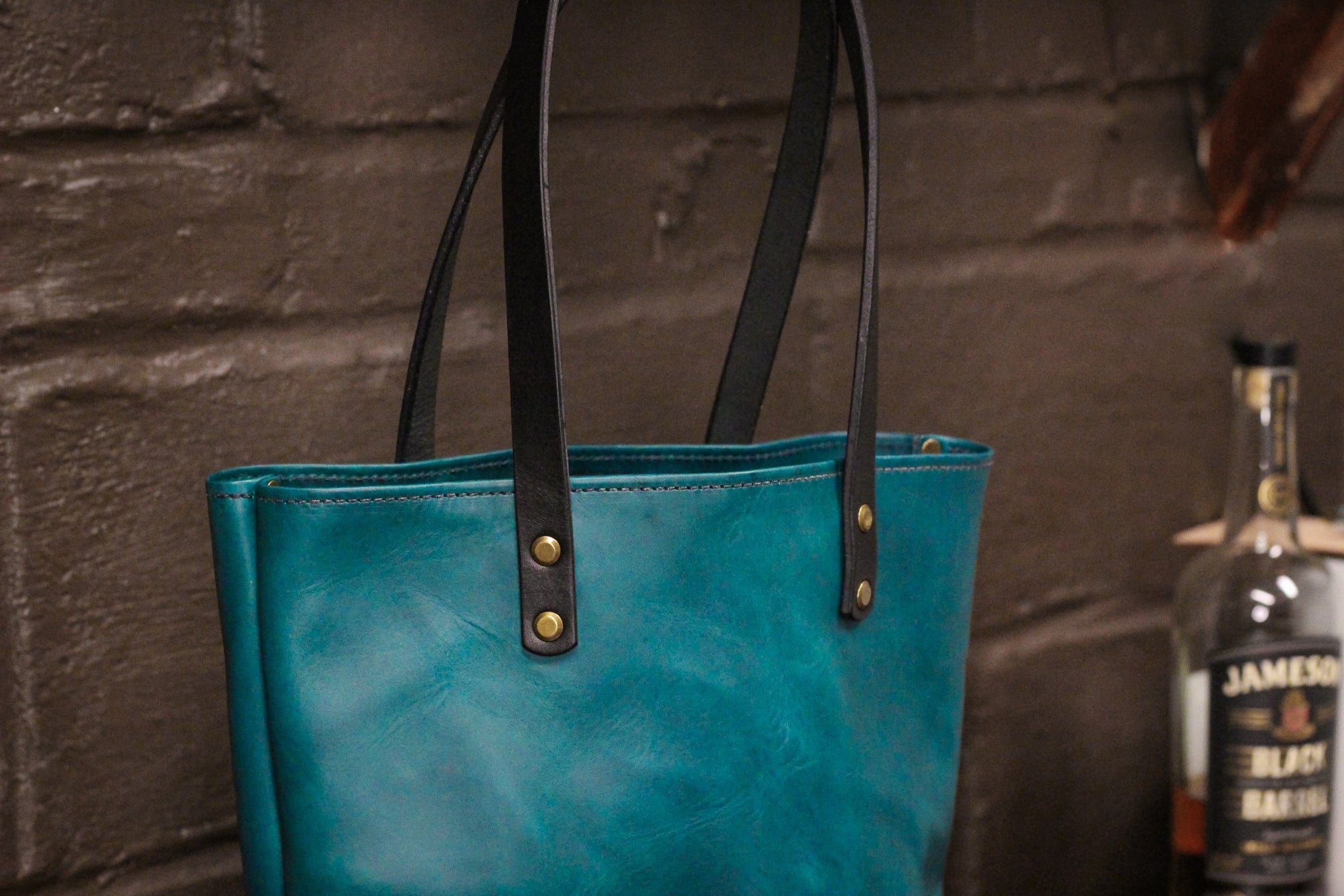 Double Panel Leather Tote Bag - Turquoise Minerva & Black Balmoral