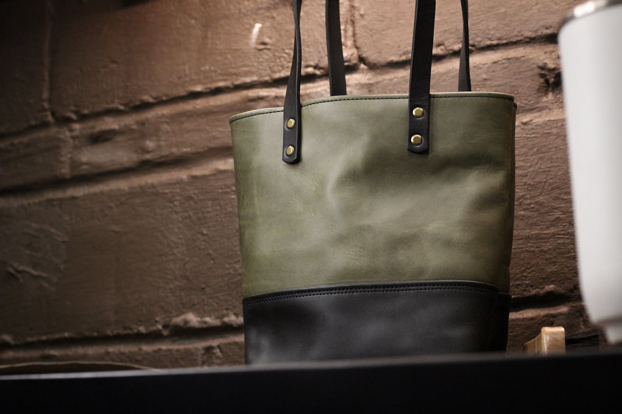 Double Panel Leather Tote Bag - Grey Minerva & Black Balmoral