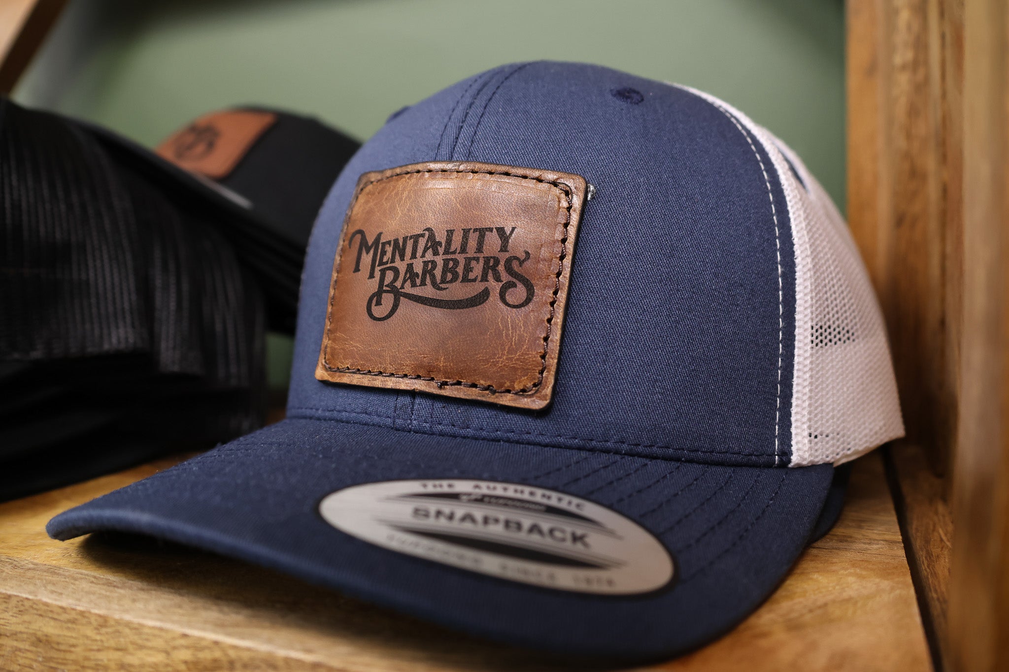 Custom Leather Patch Hat - Navy Blue/White