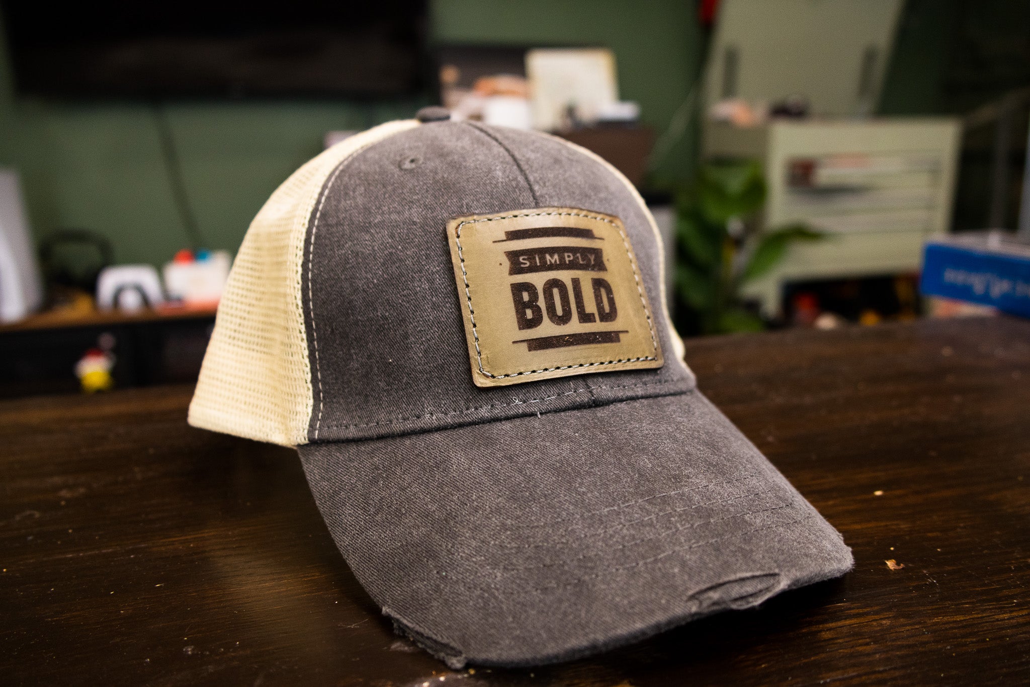 Custom Leather Patch Hat - Distressed Black/Tan