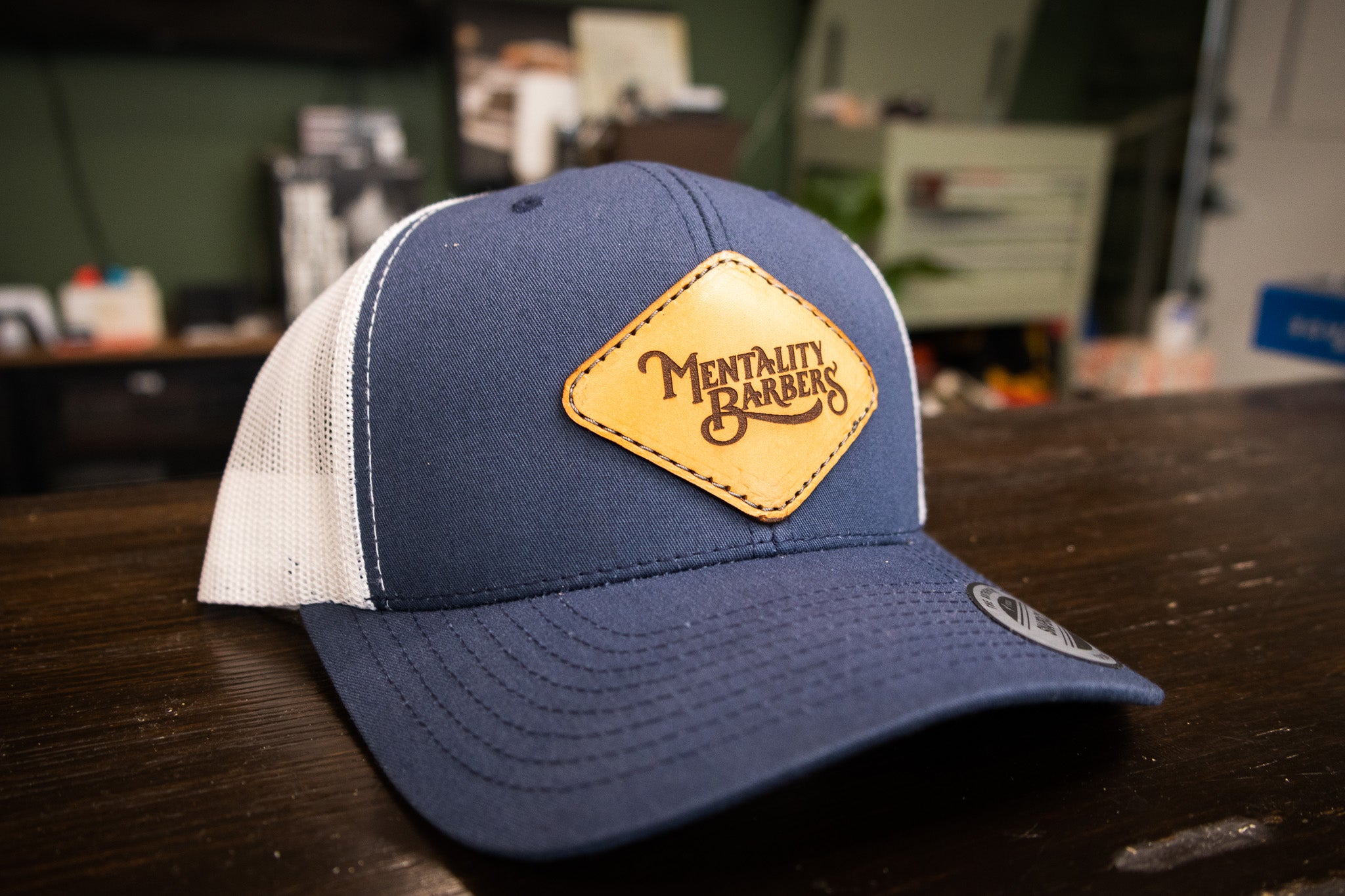 Custom Leather Patch Hat - Navy Blue/White