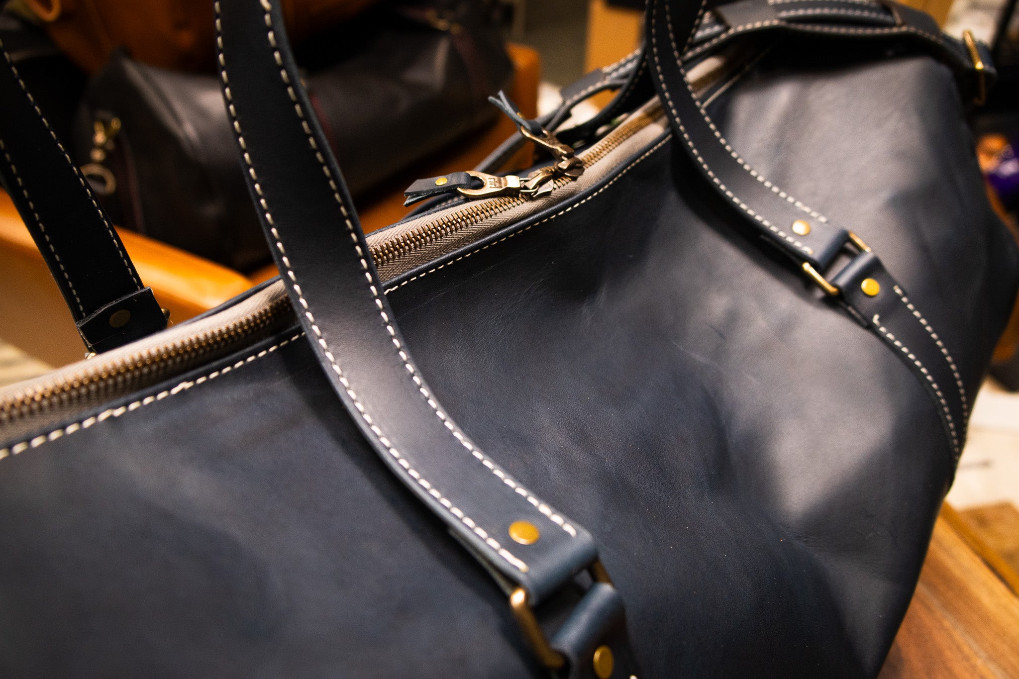 Leather Gym Bag / Mini Duffle - Navy Blue Balmoral