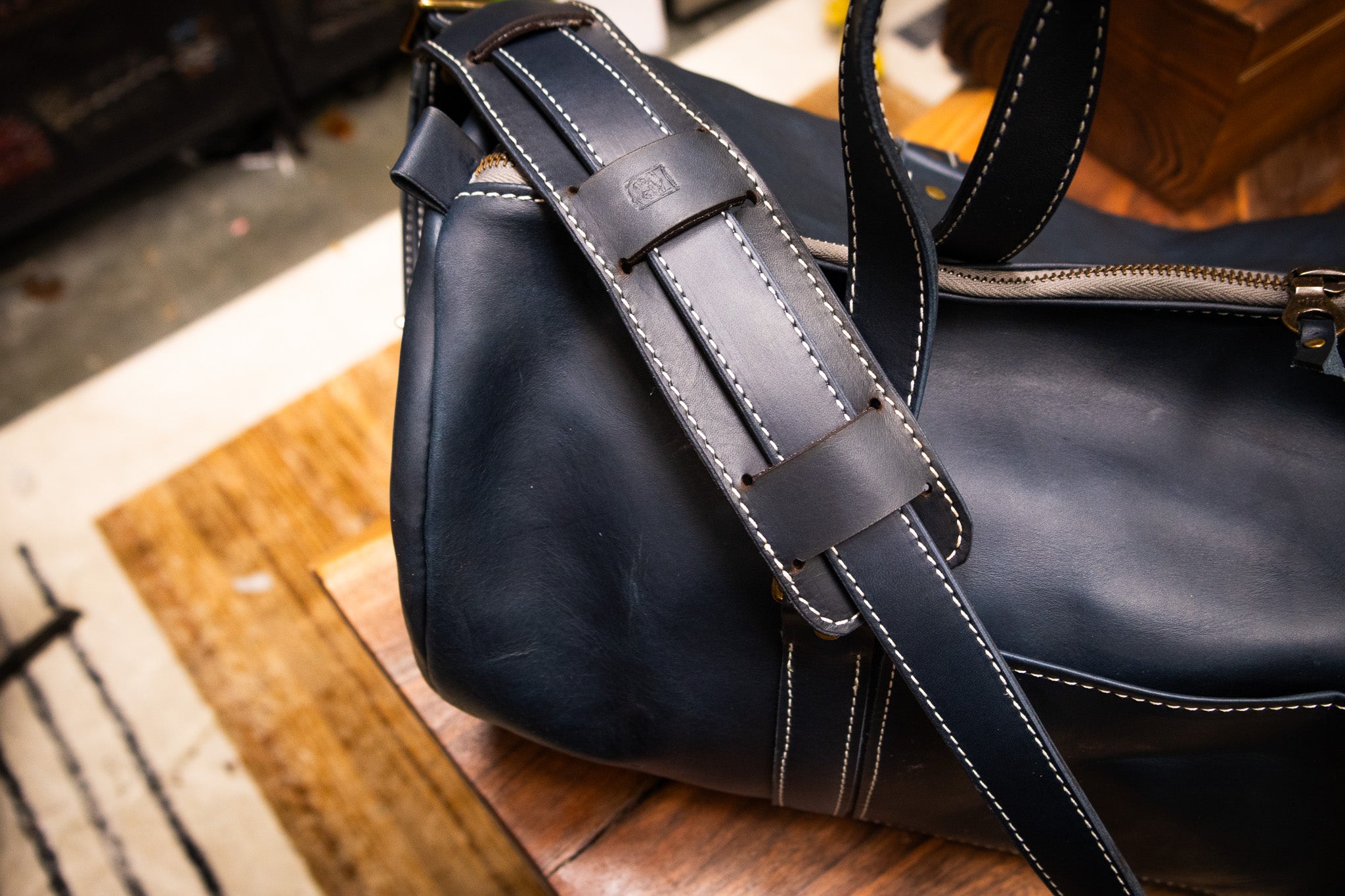 Leather Gym Bag / Mini Duffle - Navy Blue Balmoral