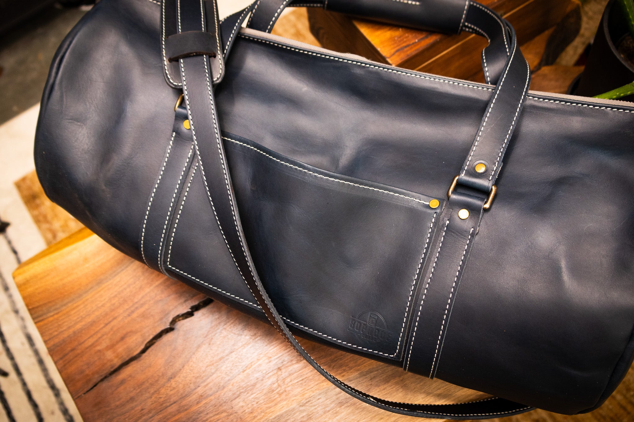 Leather Gym Bag / Mini Duffle - Navy Blue Balmoral