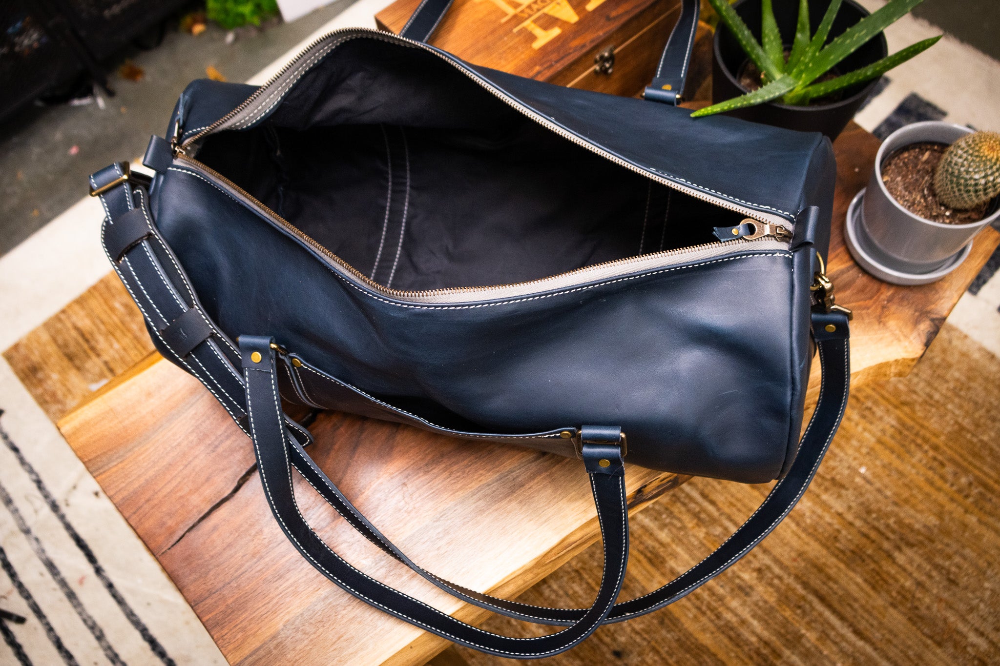 Leather Gym Bag / Mini Duffle - Navy Blue Balmoral