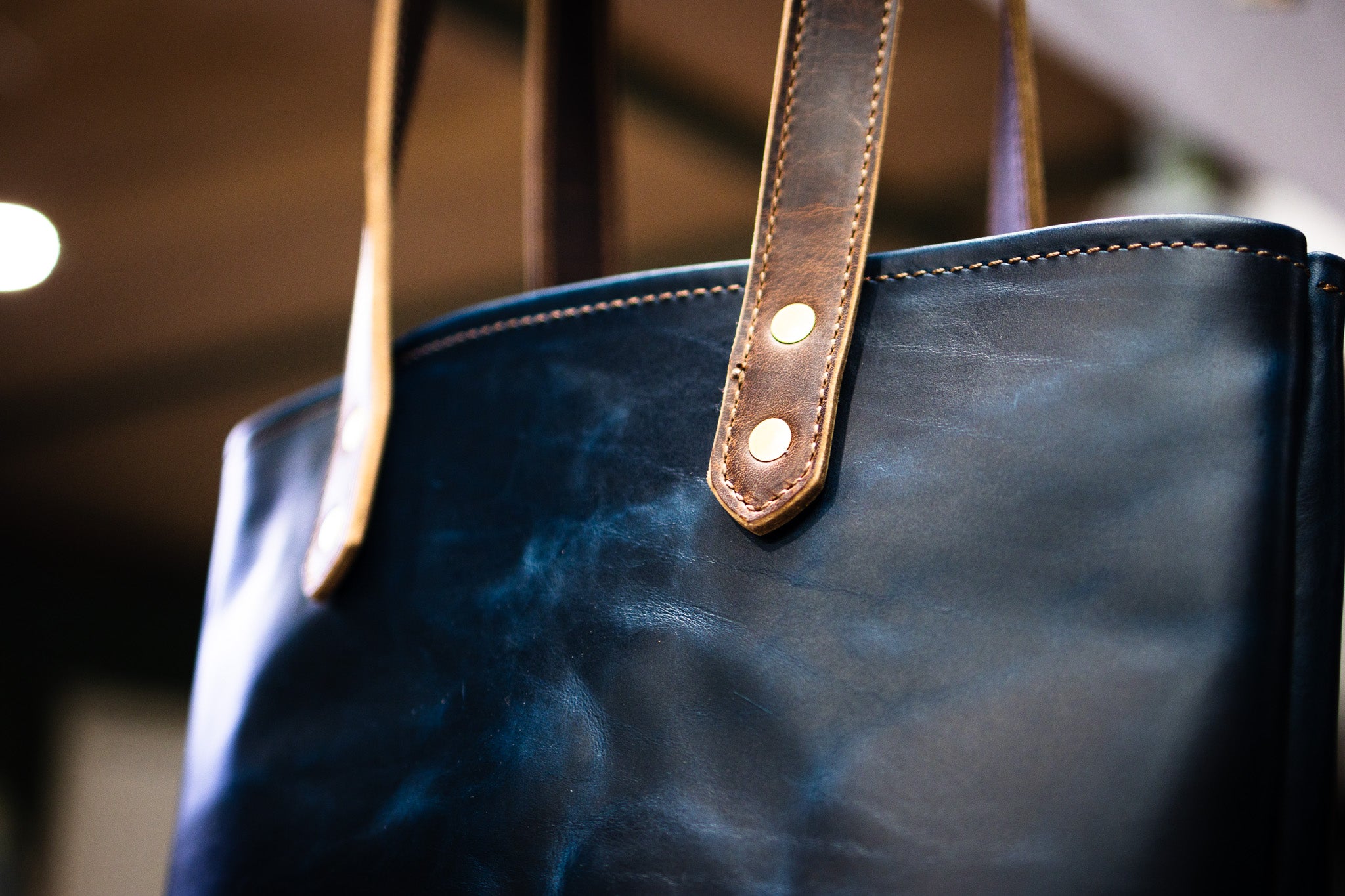 Double Panel Leather Tote Bag - Navy Blue & Cognac Balmoral (LIMITED EDITION)