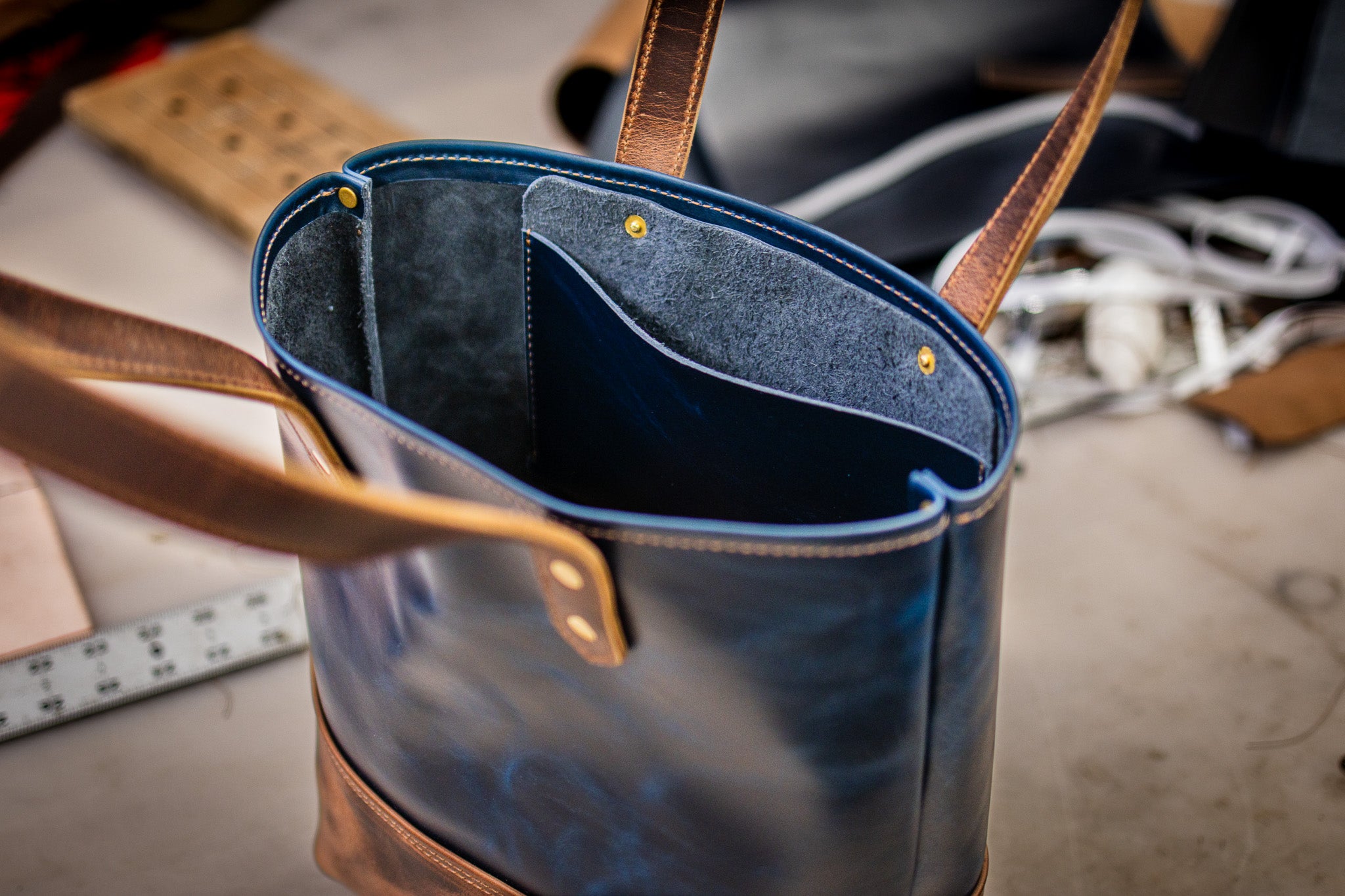 Double Panel Leather Tote Bag - Navy Blue & Cognac Balmoral (LIMITED EDITION)