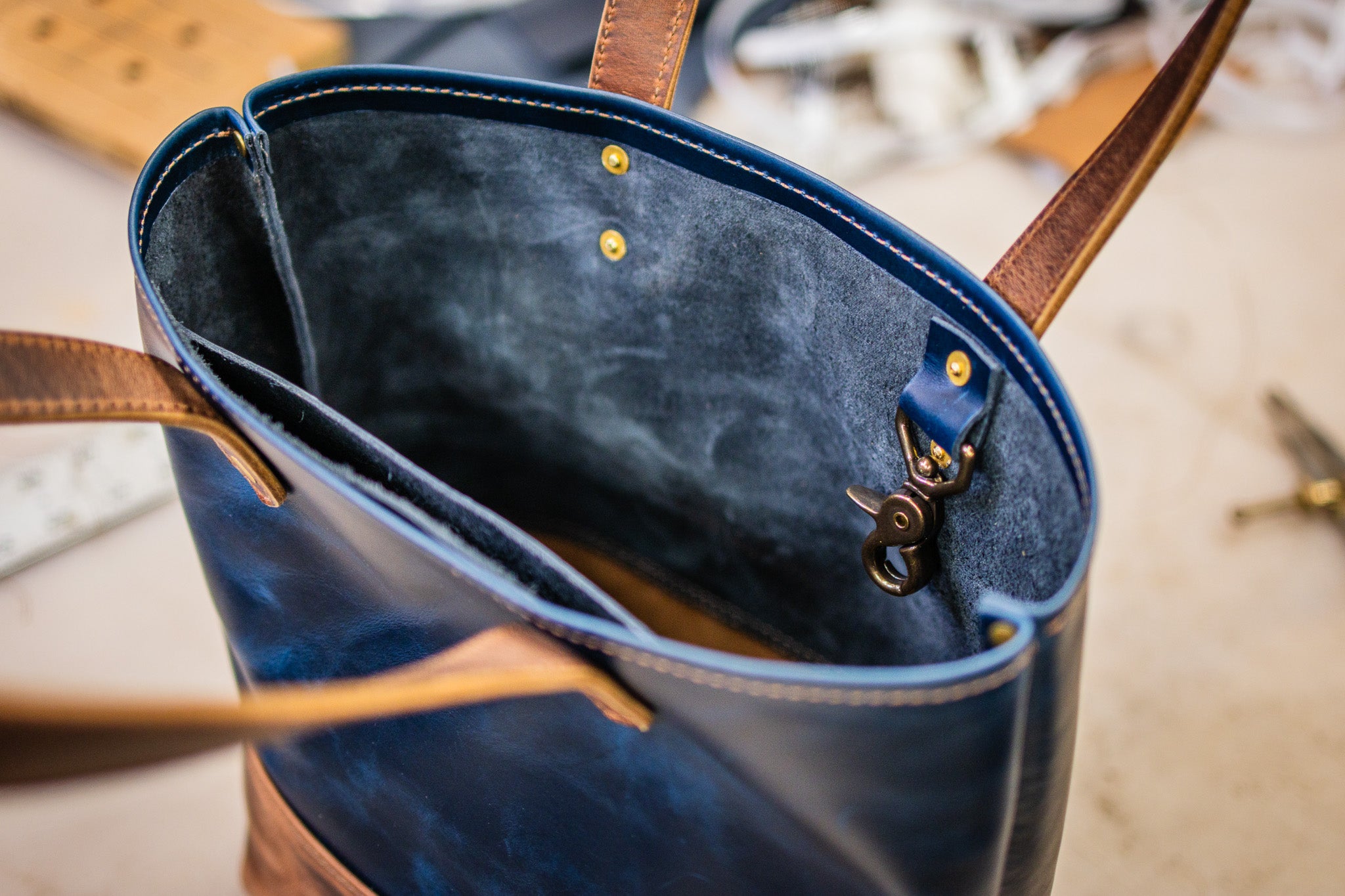 Double Panel Leather Tote Bag - Navy Blue & English Tan (LIMITED