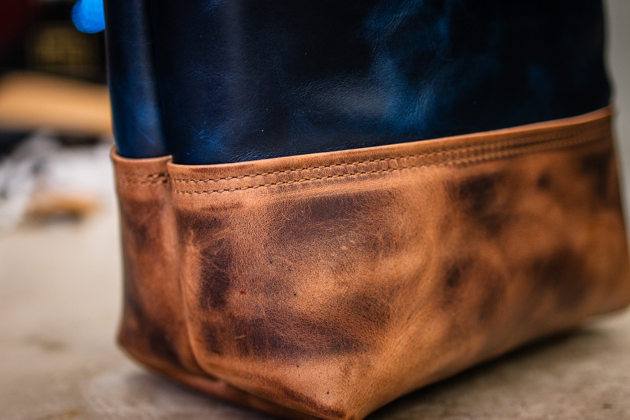 Double Panel Leather Tote Bag - Navy Blue & Cognac Balmoral (LIMITED EDITION)