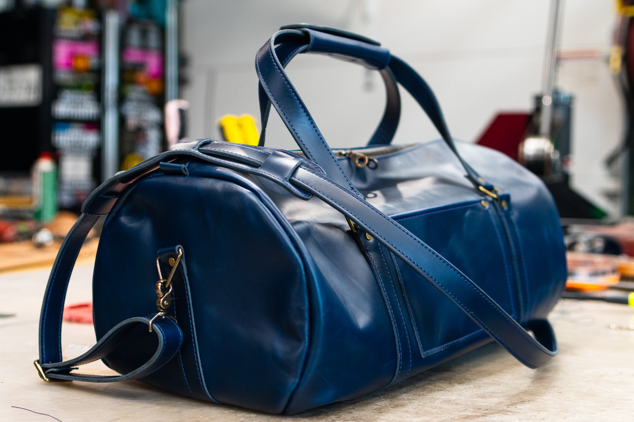 Leather Gym Bag / Mini Duffle - Navy Blue Balmoral