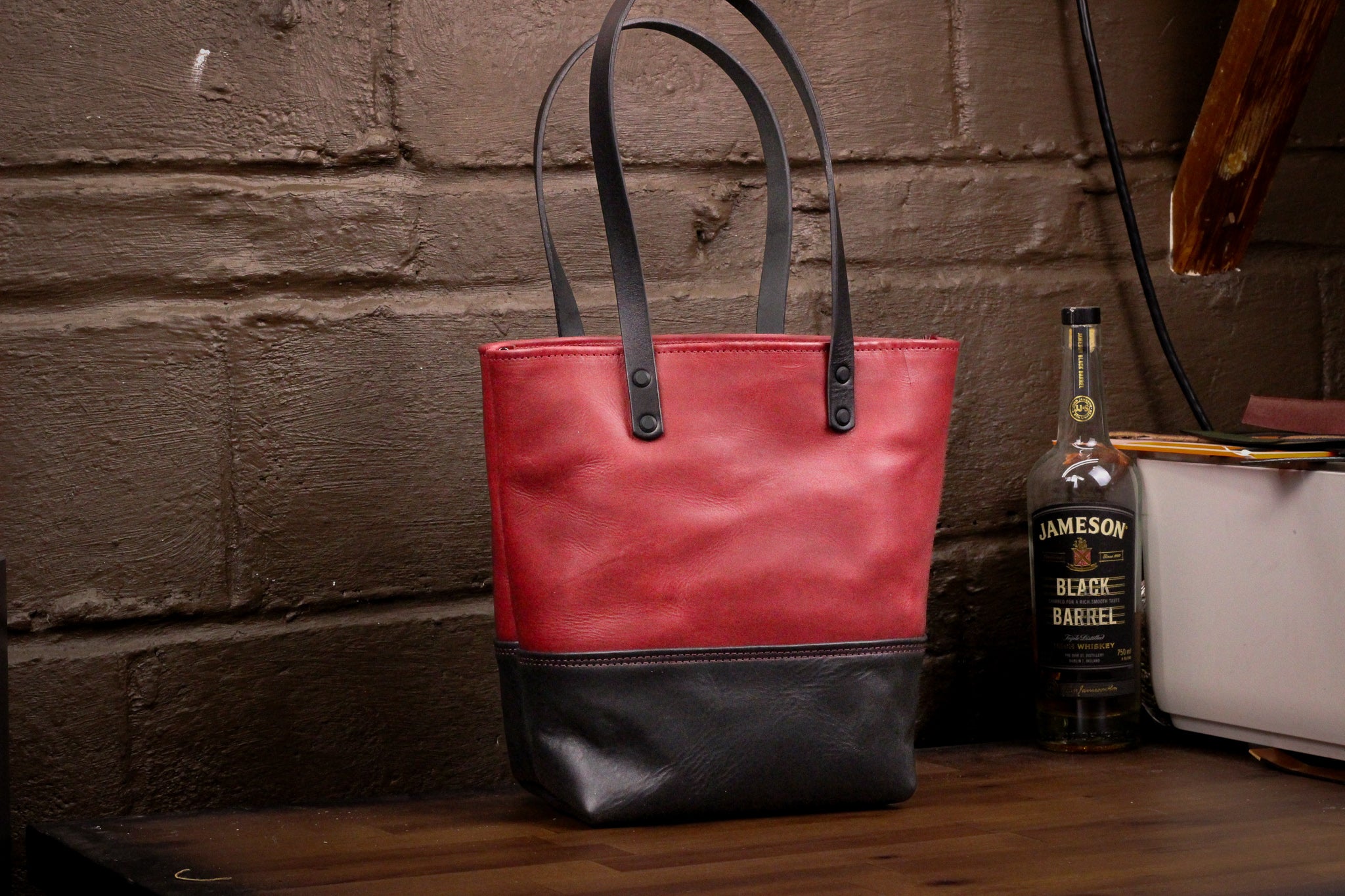 Double Panel Leather Tote Bag - Bordeaux Minerva & Black Balmoral