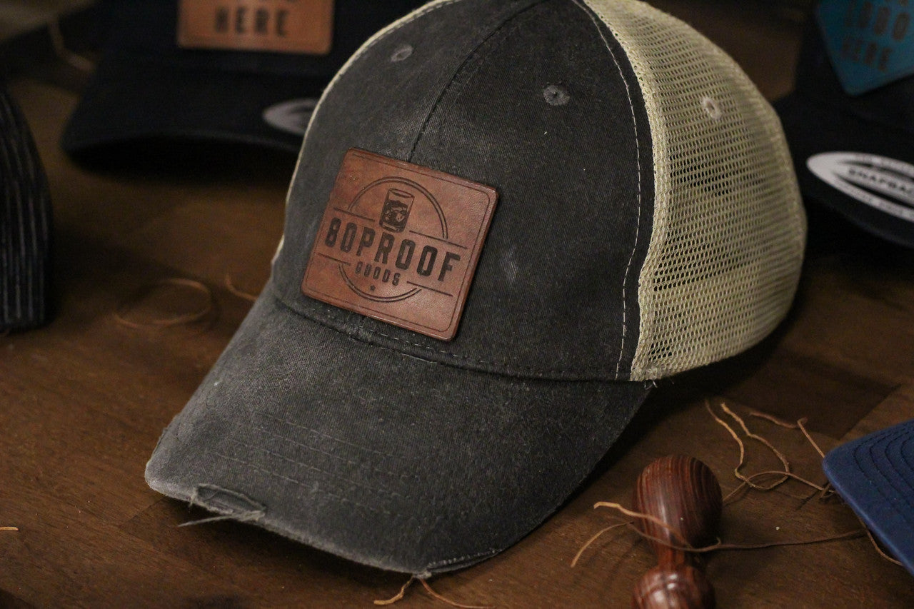 Custom Leather Patch Hat - Distressed Black/Tan