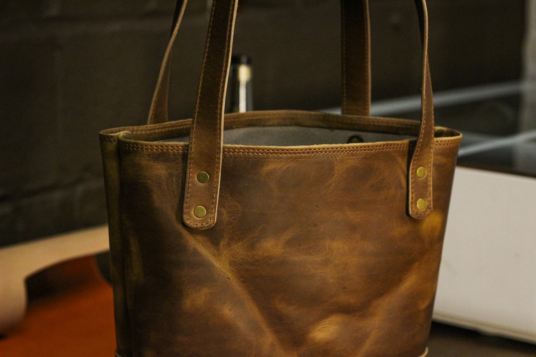 Double Panel Leather Tote Bag - Cognac Balmoral