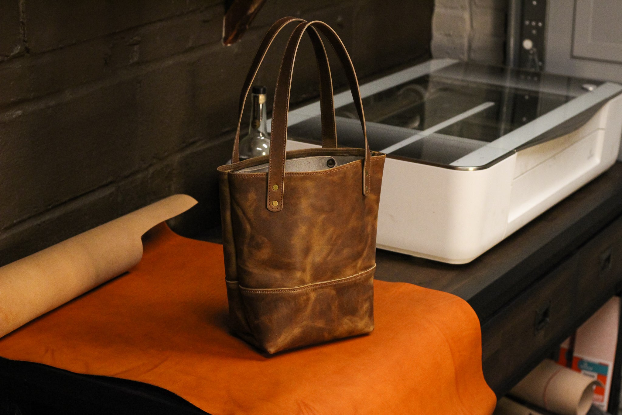 Double Panel Leather Tote Bag - Cognac Balmoral