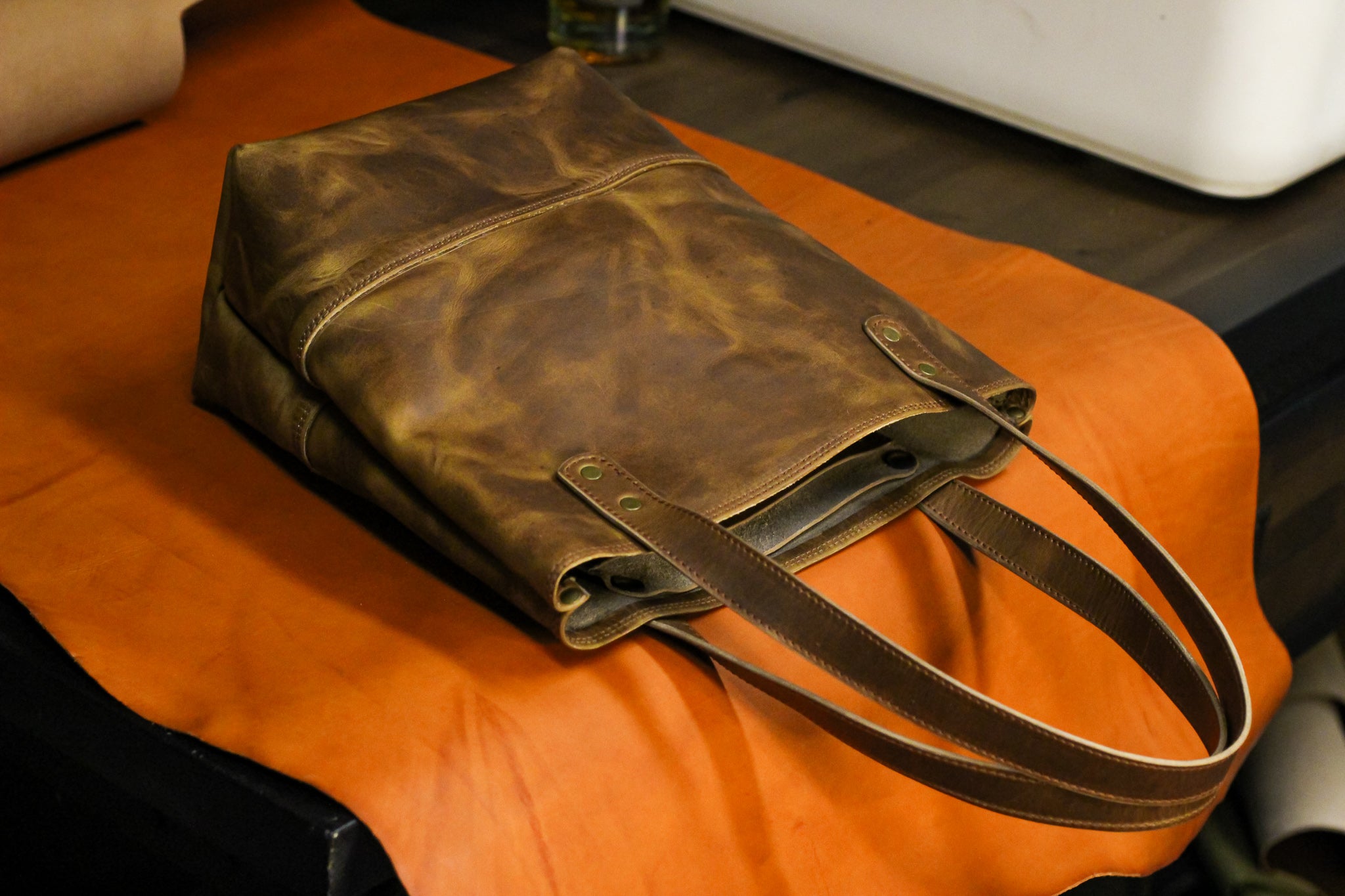 Double Panel Leather Tote Bag - Cognac Balmoral