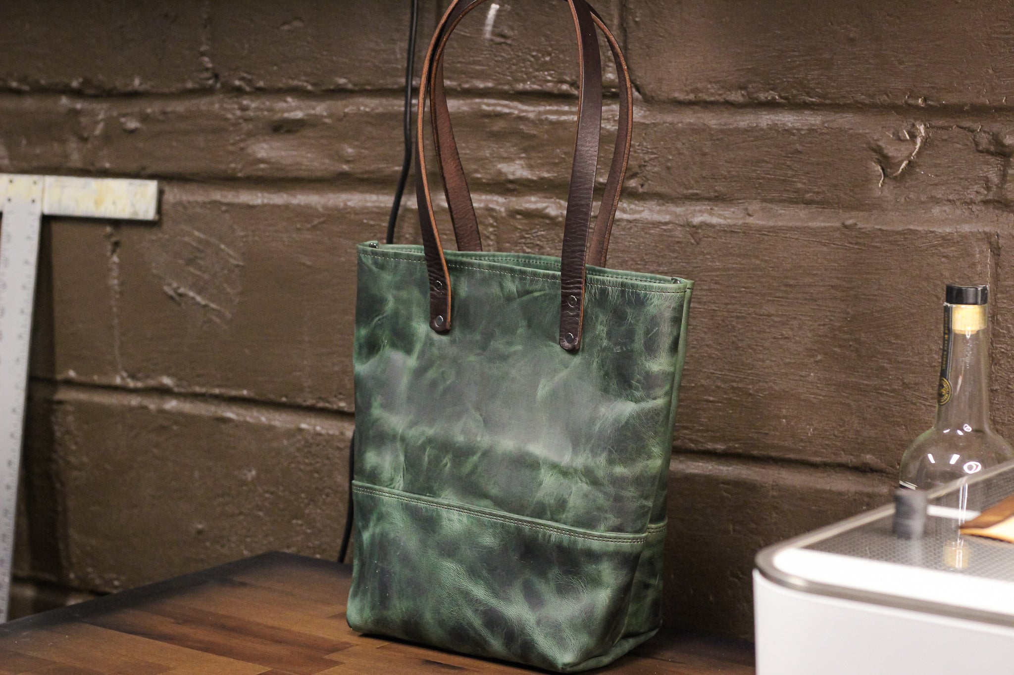 Double Panel Leather Tote Bag - Evergreen