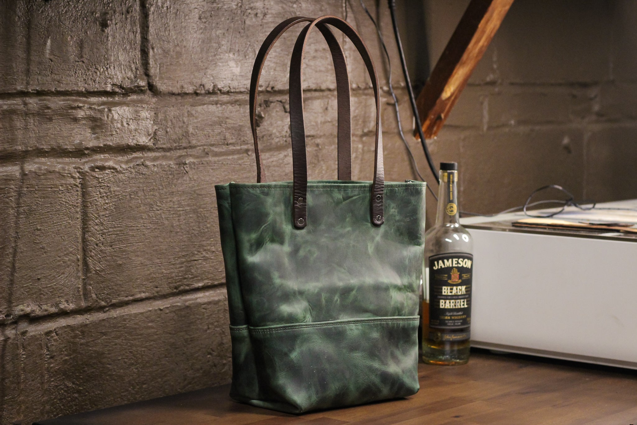 Double Panel Leather Tote Bag - Evergreen