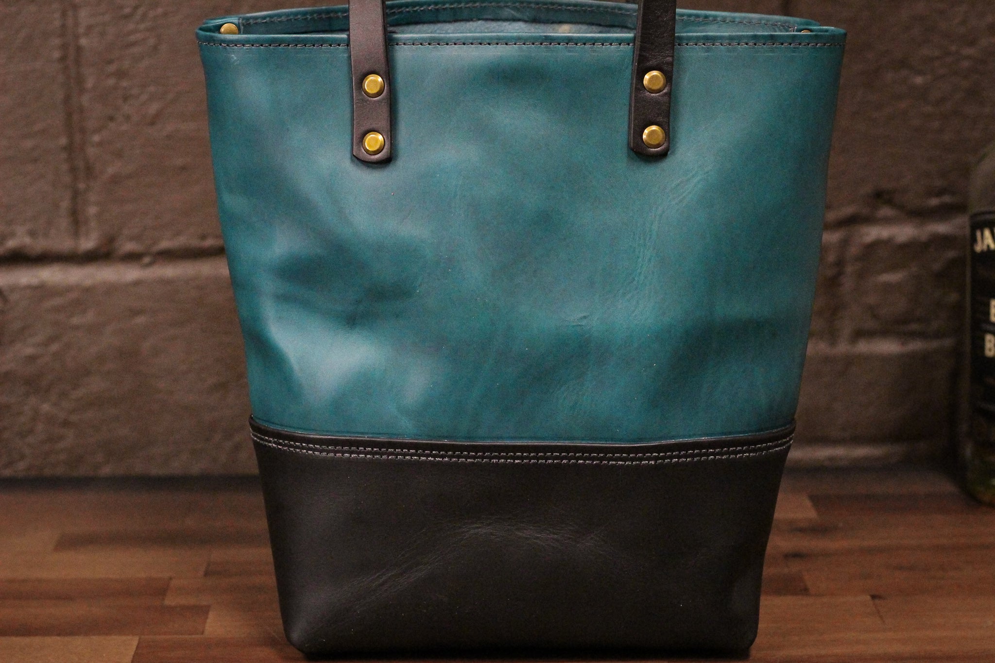 Double Panel Leather Tote Bag - Turquoise Minerva & Black Balmoral