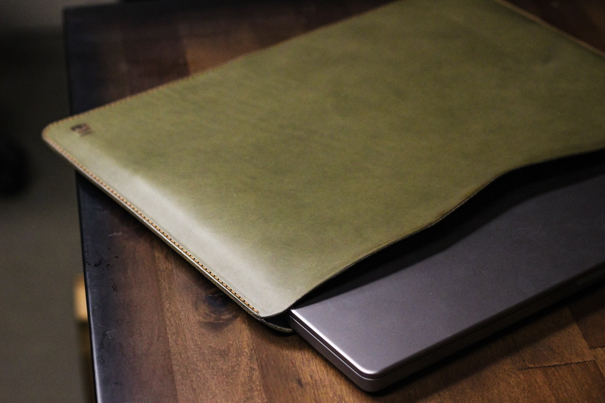 Leather MacBook Sleeve - Olive Green Minerva