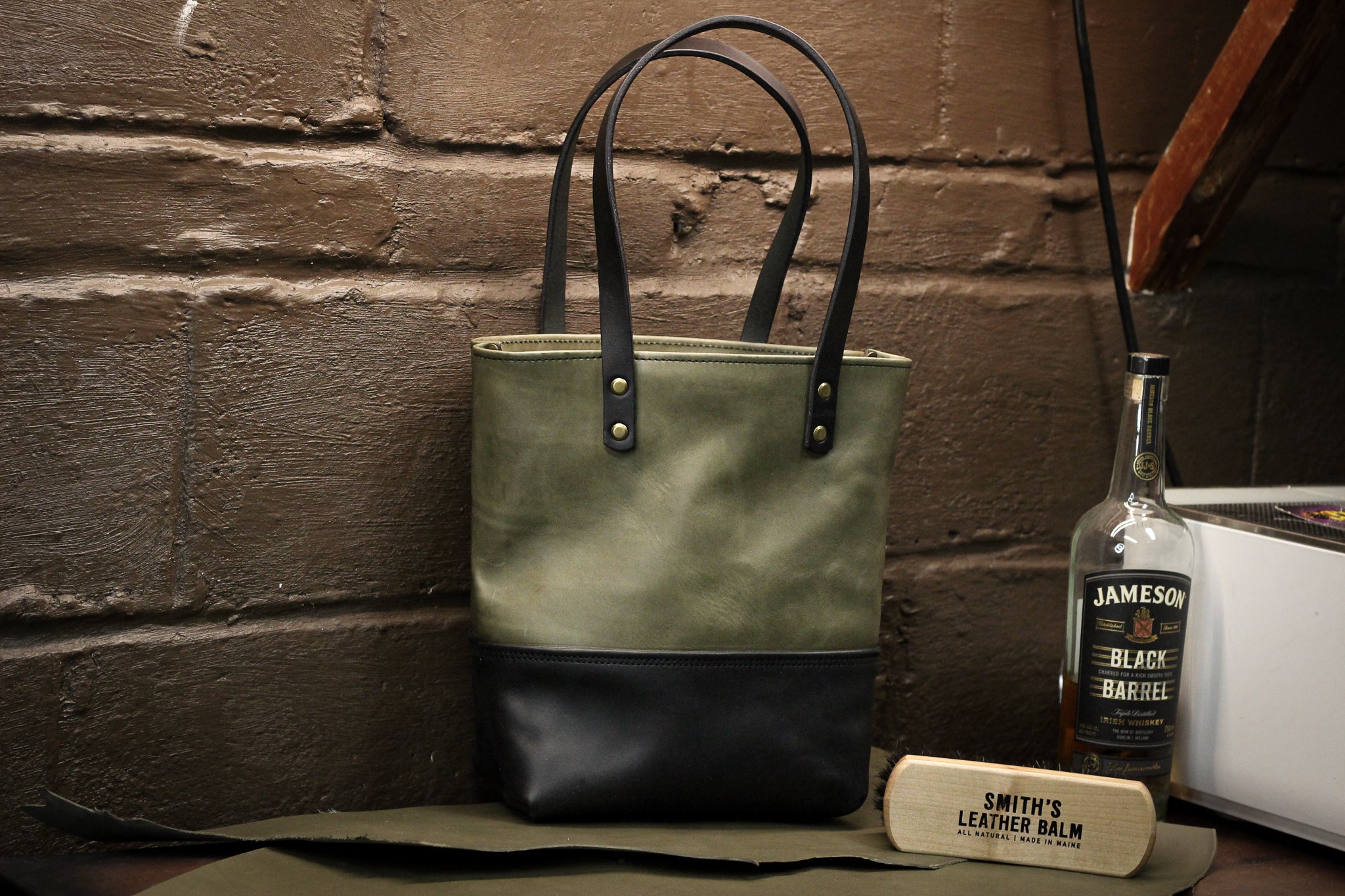 Double Panel Leather Tote Bag - Grey Minerva & Black Balmoral